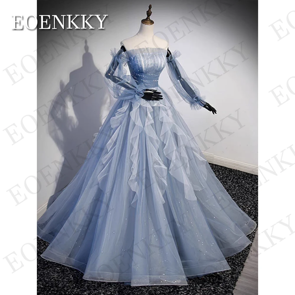 Blue Strapless Prom Dresses Korea Destacável Puff Sleeves Pérolas Fairy Ruffles A Line Long Evening Party Occasion Vestidos Vestidos de baile sem alças azuis Coreia  Vestidos de Baile com mangas bufantes removíveis e p