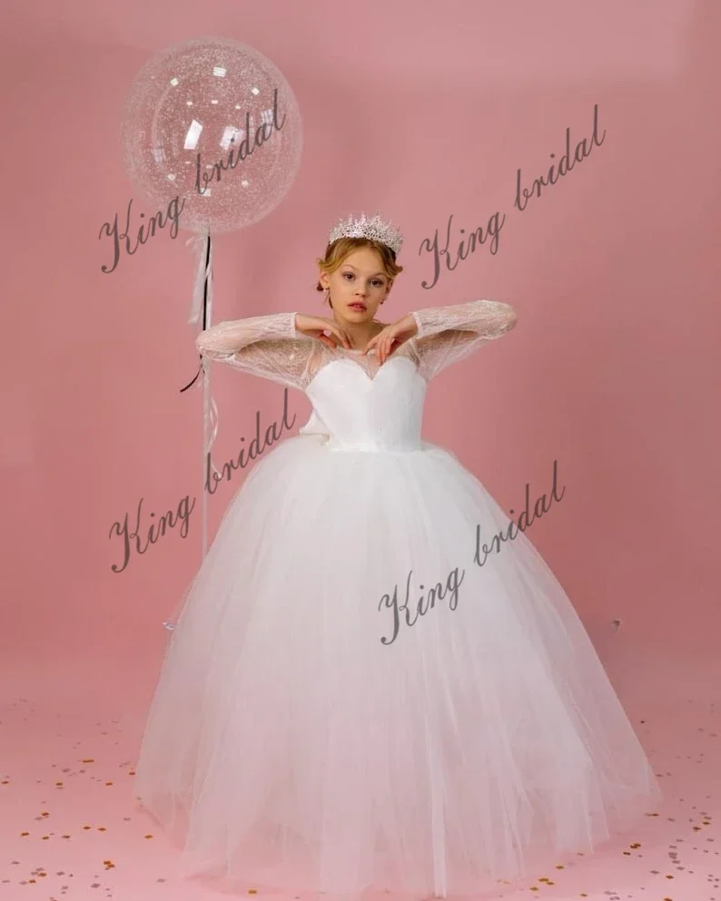 Handgefertigtes Kleinkindkleid, Festzugskleider für Mädchen, langärmelig, Spitze, Ball, Tüll, Blumenmädchenkleid, Mini-Brautmädchen-Hochzeitskleider