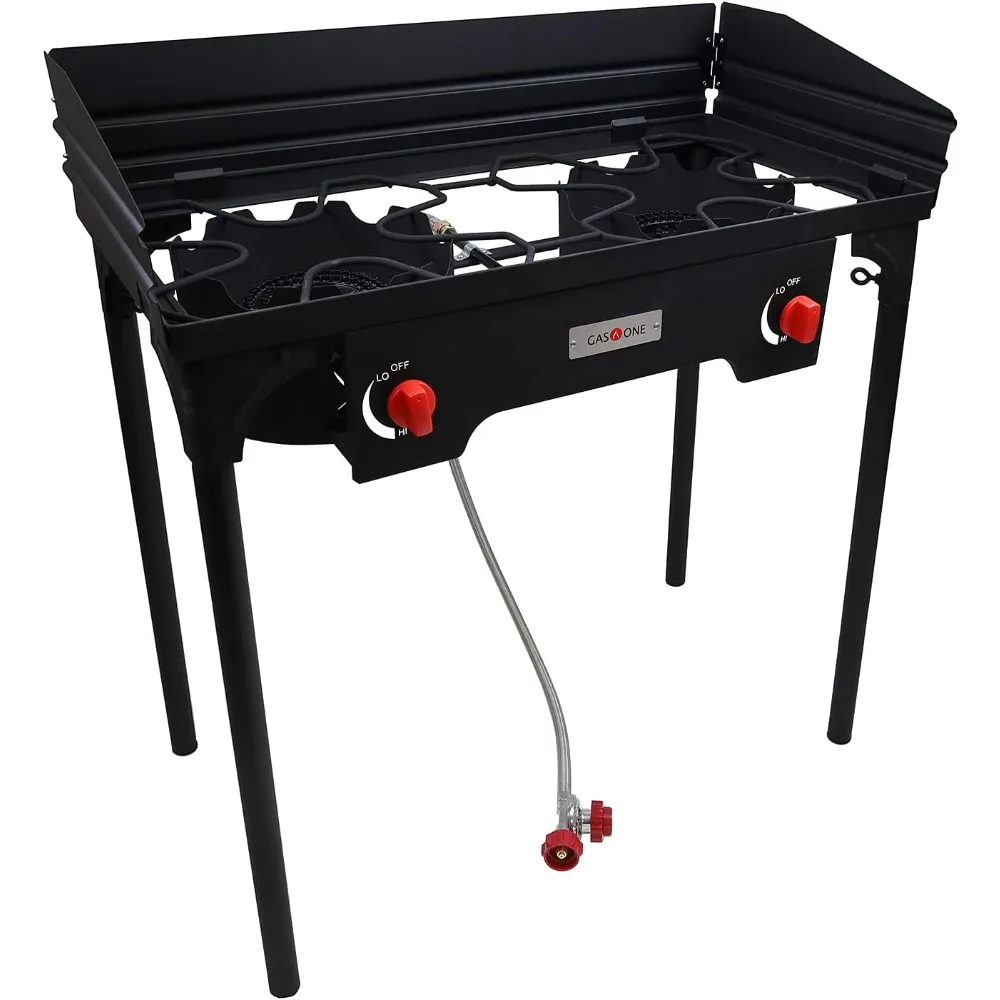 

Propane Double Burner Two Burner Camp Stove with Windscreen Outdoor High Pressure Propane 2 Burner Adjustable PSI Regulator