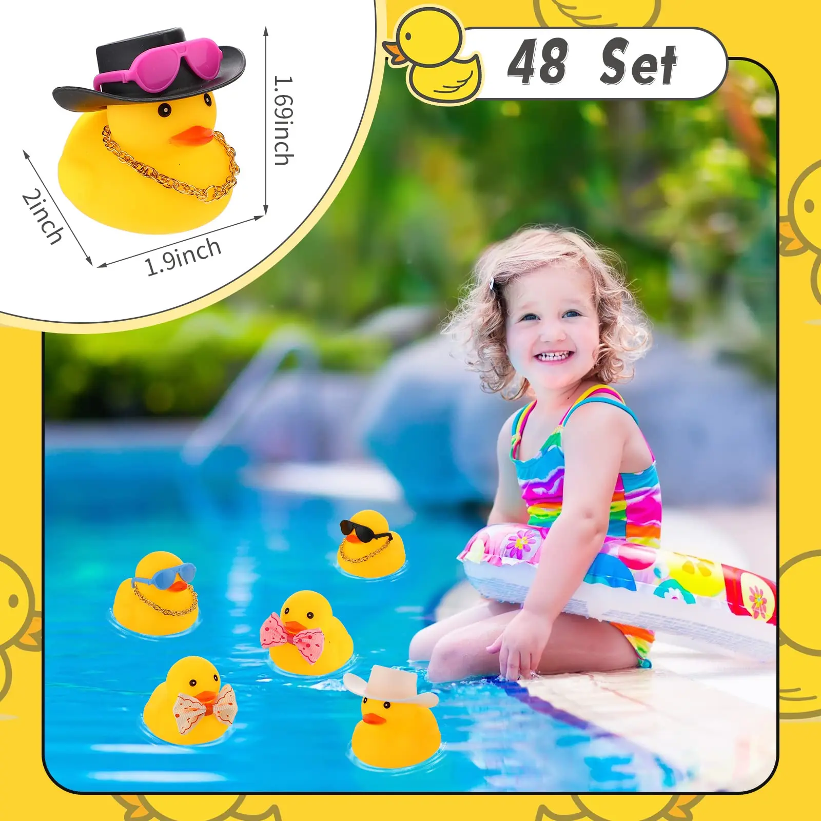 48 Pcs Rubber Duck Bath Toy Bulk Yellow Duck Car Ornaments with 12 Sunglasses 12 Cowboy Hat 12 Bow 12 Necklace 8 Earphones