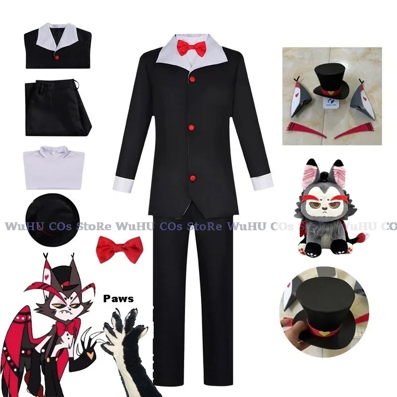 Husk Cosplay Costume Uniform Hazbin Cosplay Hotel Husk Halloween Party Cosplay Costume Black Outfits With Hat Ears Eyebrows Prop