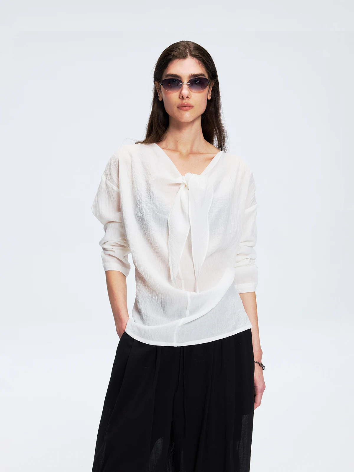 Loose Long Sleeve V-Neck Texture Twisted Knot Mixed Flax Lyocell Fiber Casual Comfortable Women's T-Shirt Commute Style