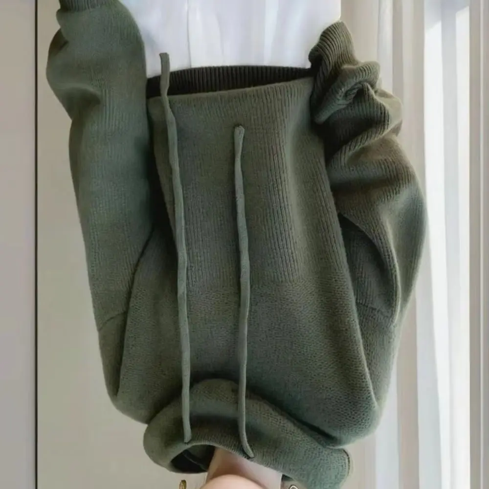 

Women Sweater Pile Collar Drawstring Hooded Long Sleeve Knitting Tops Solid Color Casual Loose Fit Knitwear