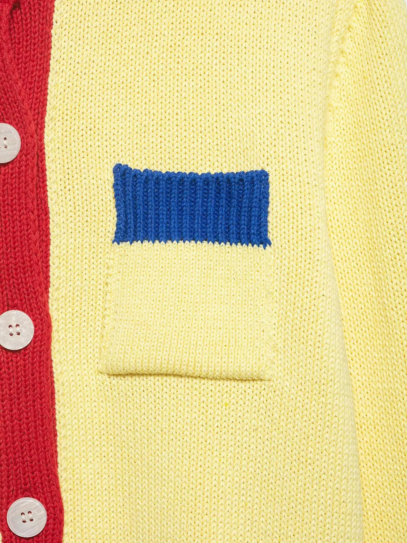 Color Block Contrast Knit Cardigan Round Neck Yellow Base Red Placket Green Cuff Hem Blue Pocket Cropped Women Sweater Outerwear view 5
