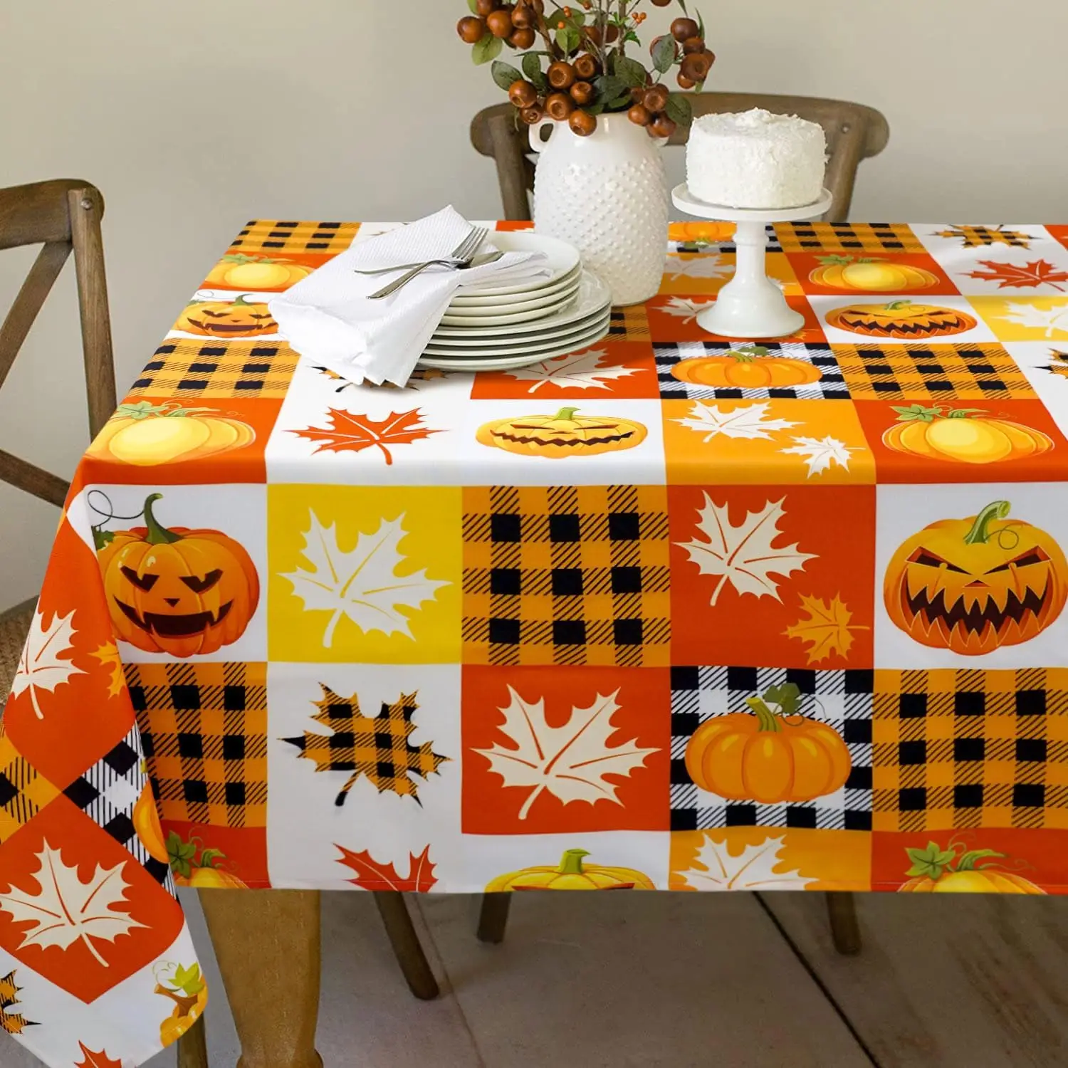Fall Maple Leaves Pumpkin Checkered Waterproof Tablecloth Table Decor Reusable Kitchen Dining Tablecloth Halloween Decorations