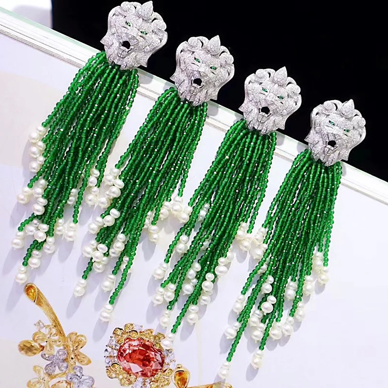 ZOCA Luxury 925 Sterling Silver Lion Face Zircon Set Green Agate Beads Tassel Earrings Fashion Fine Jewelry Lady Gift Party