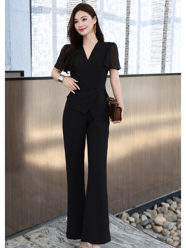 

Элегантный черный летний комбинезон с V-образным вырезом, длинными брюками и завышенной талией из полиэстера, в деловом стиле, модный, с эффектом похудения