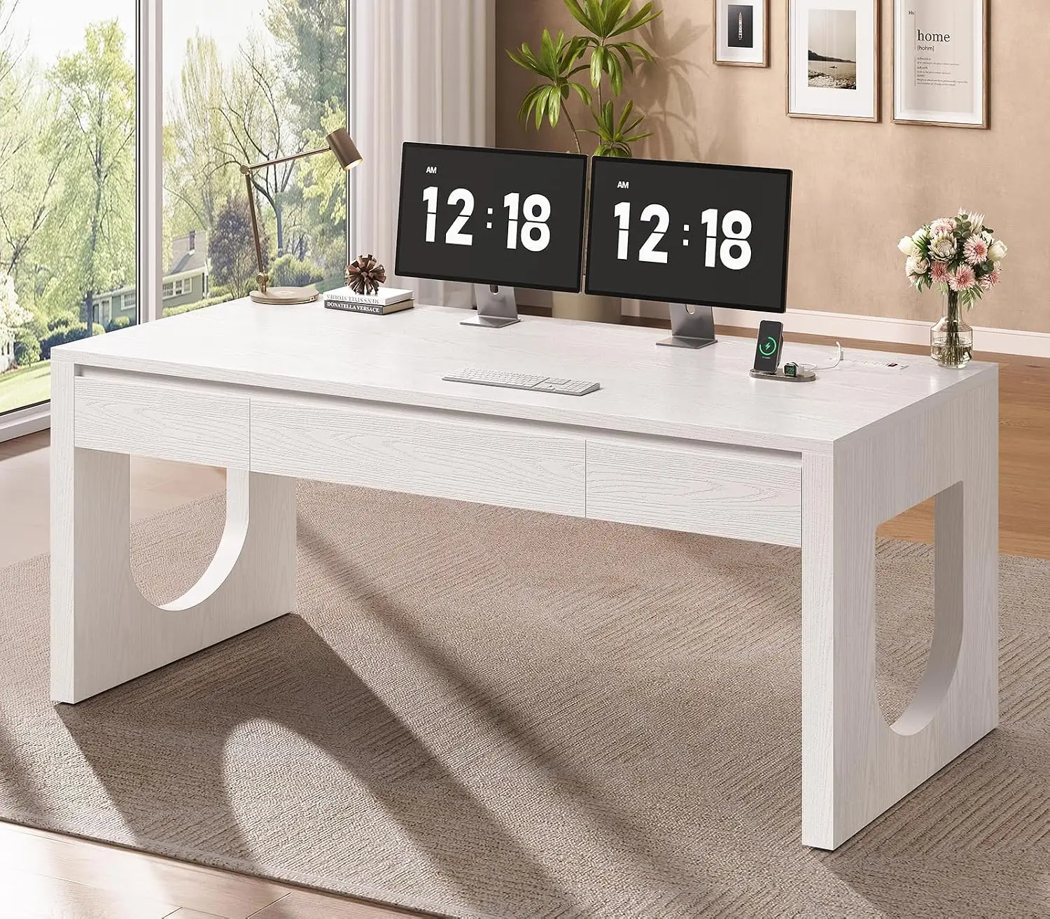 Modern Executive Office Desk with 3 Drawers & Power Outlet, U-Shaped Legs, Wood Relief Texture, Home Office, 55