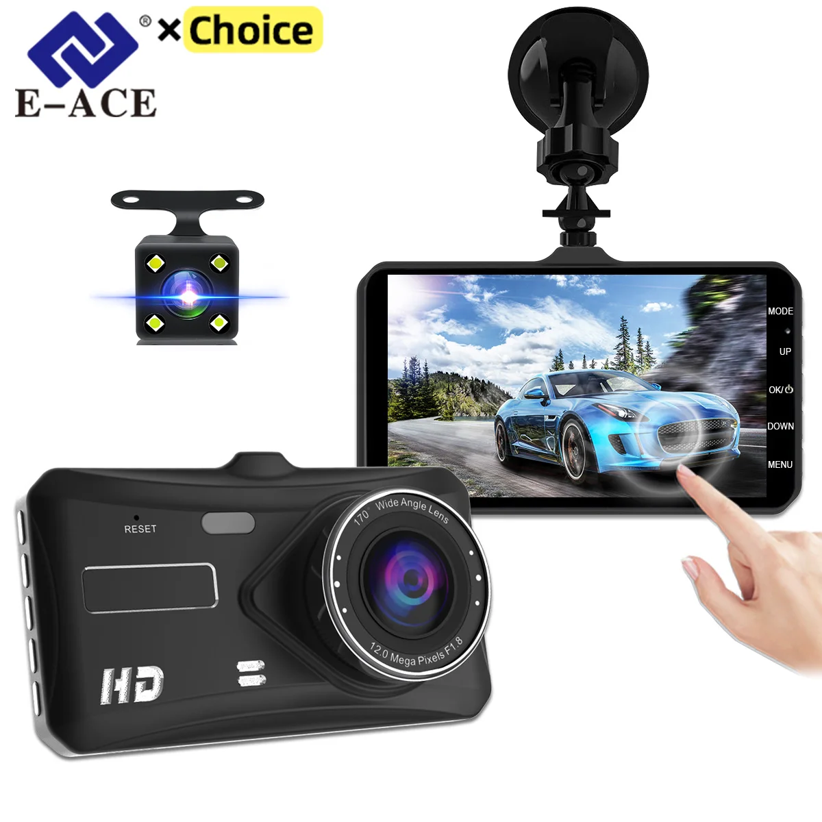 E-ACE  Car Dvr 4.0 Inch HD 1080P Night Vision 24H Touch Dashcam Dvr Black Box FULL Front Rear Camera Mirror Digital Video