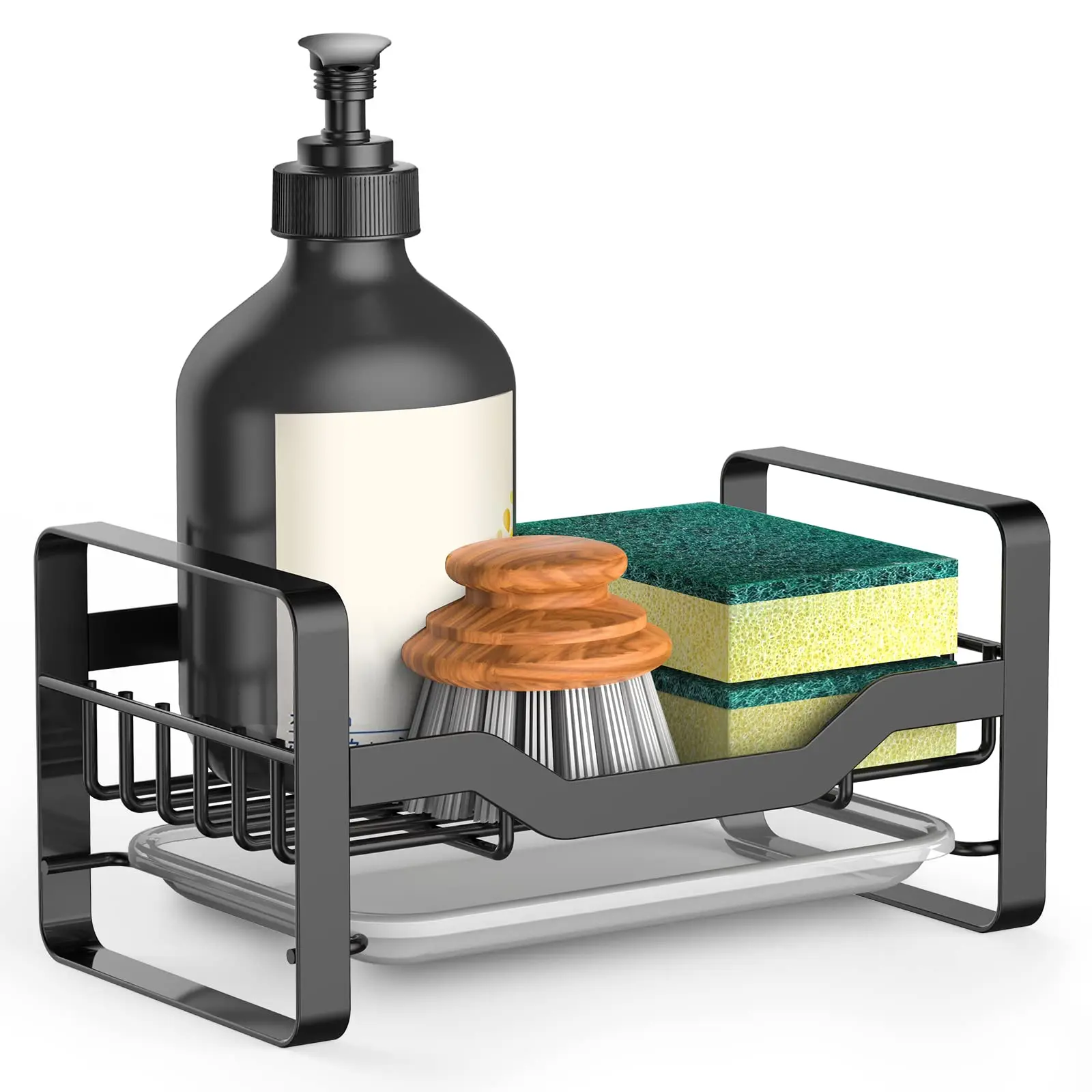 Kitchen Sink Caddy Sponge Holder, Soap Brush Dispenser,Countertop with Removable Drain Tray