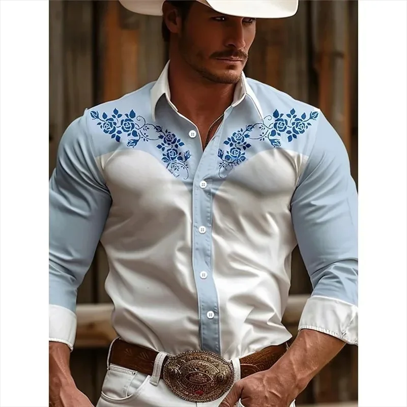 

Vintage Western Cowboy Casual Shirt Loose Fit Classic Style Autumn Men's Long Sleeve Fashion Top in Khaki Navy Red White