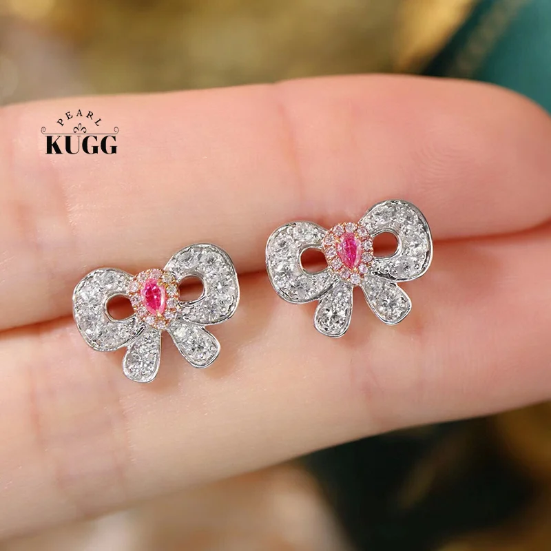 KUGG 100% 18K White Gold Earrings Shiny Real Natural Pink Diamond Stud Earrings for Women Cute Bowknot Shape Wedding Jewelry