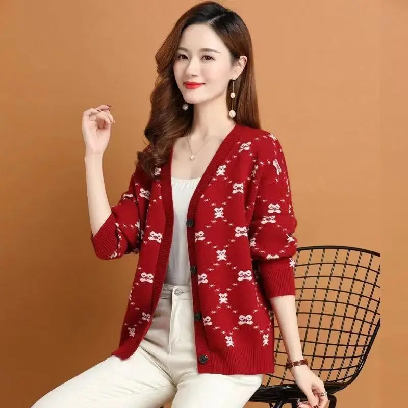 Fashion Buttons Cardigan Ladies Casual Printing Coat Autumn Winter Thin Office Lady Tops V-neck Sweaters Women's Clothing 2023