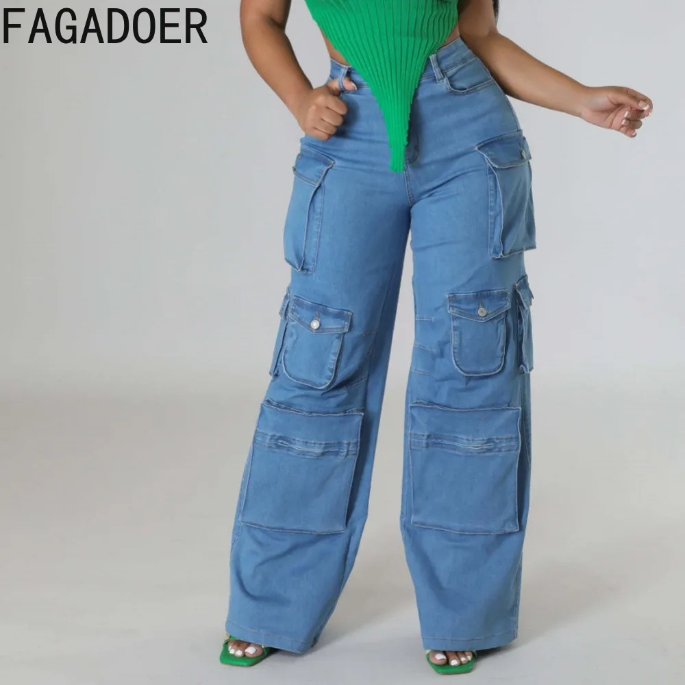 FAGADOER Vintage Blue Fashion Pocket Denim Cargo Pants Women High Waisted Button Straight Trousers Autumn Casual Jean Bottoms