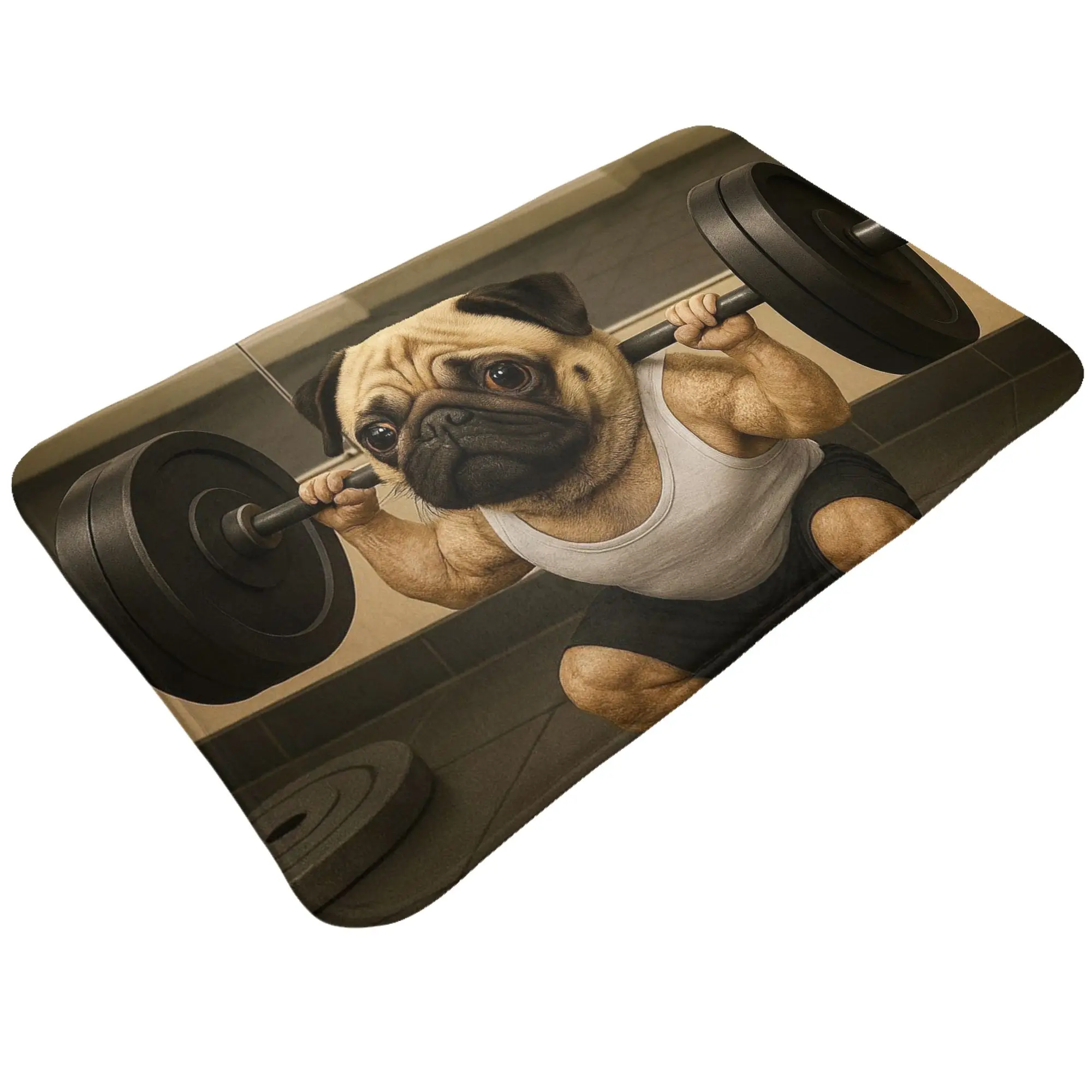 Muscular Pug Lifting Barbell Gym Cartoon Art Non-slip Mat Bathroom  Absorbent Doormat Floor Decor