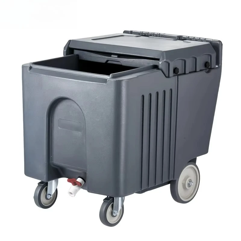 

Hotel plastic 110L thermal insulation ice storage transport box mobile ice trolley slide cover ice stroller with wheels