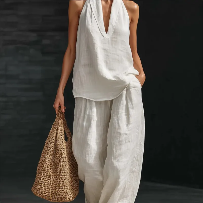 

Loose Two-piece Halter Neck V-neck Sleeveless Top Trousers 2026 Summer Women's Fashion Solid Color Casual Womens Matching Sets