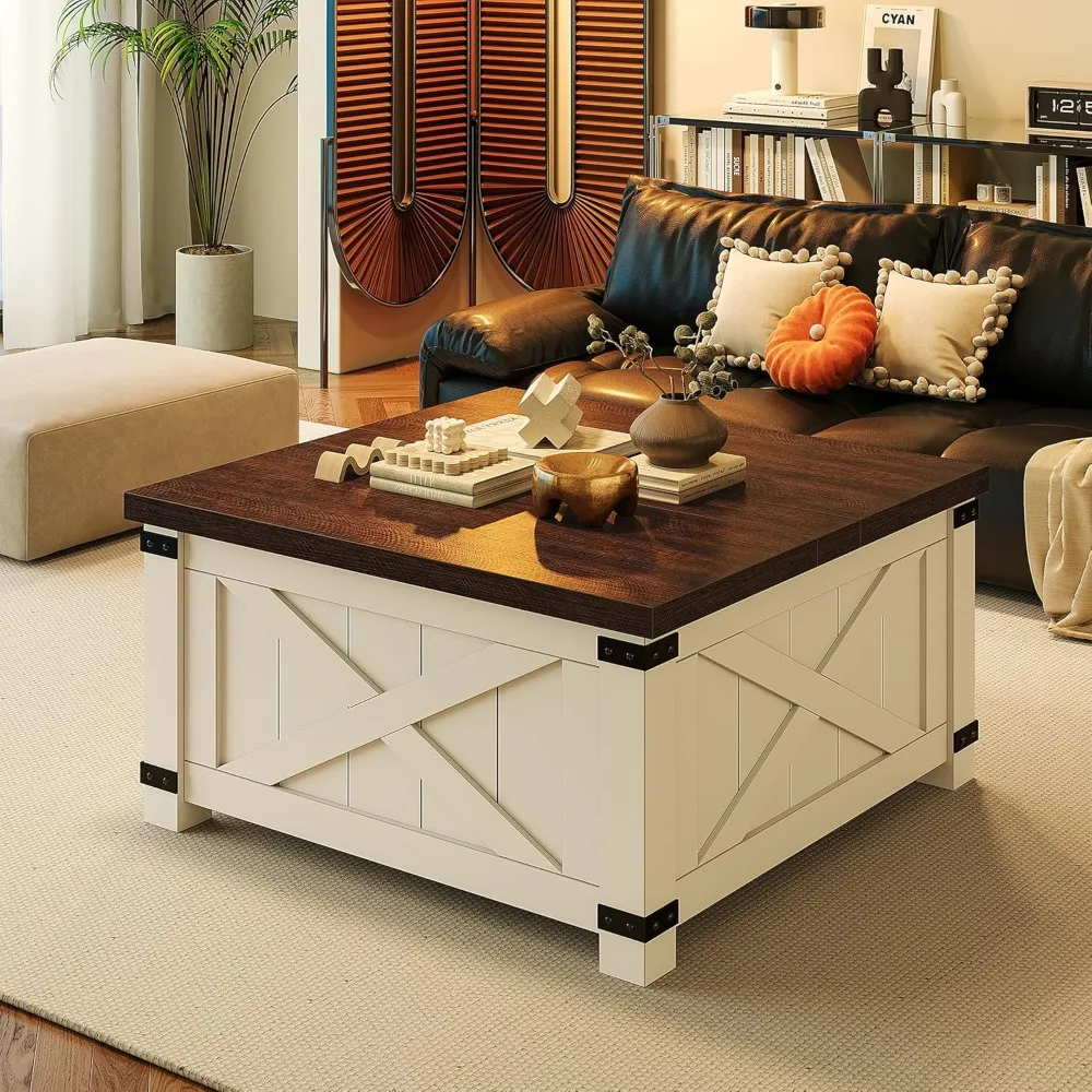 35.6" W Lift Top Coffee Table with Large Storage Space Farmhouse Coffee Tables for Living Room Wood Square Coffee Table