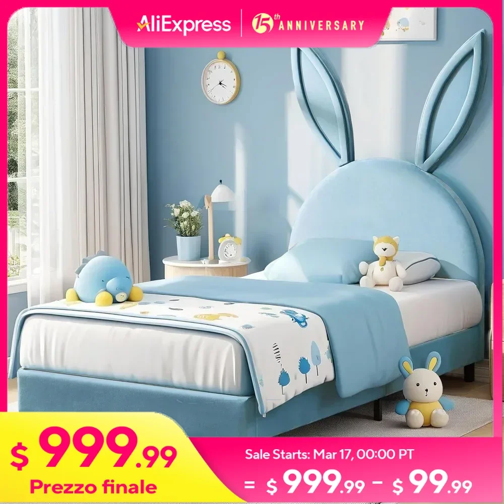 Twin Size Bed Frame with Rabbit Shaped Headboard for Girls Kids Room, Heavy-Duty Platform Bed Frame