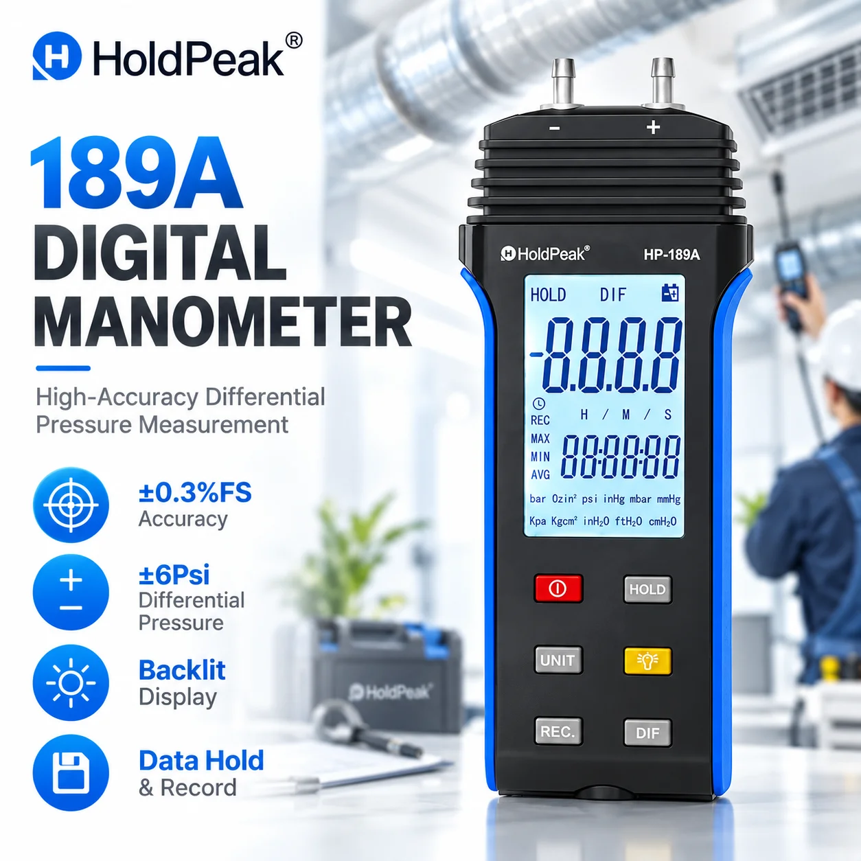 holdpeak-hp-189a-デジタル圧力計、デュアルポート差圧計、hvac空気圧力試験器、11種類の単位を選択可能（ガス用）