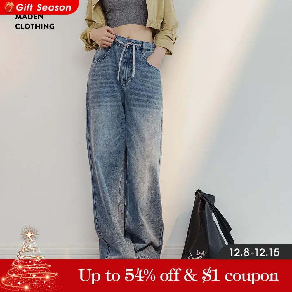 Maden Light Blue Wide-leg Jeans for Women Vintage Drawstring Waistband Straight Pants Summer Casual Pants Washed Jeans S M L XL