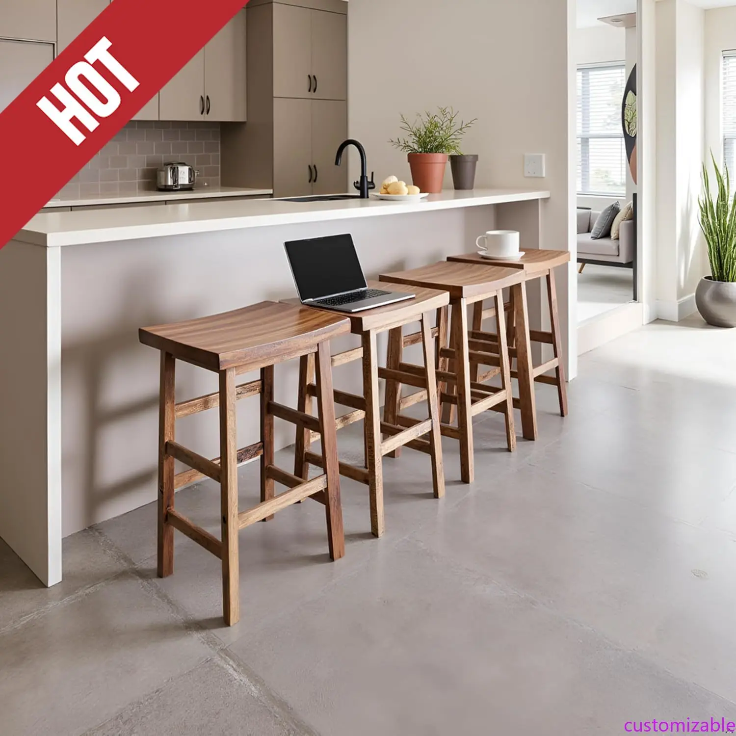 

Настраиваемые 26-дюймовые промышленные деревянные табуреты со столешницей, винтажный стиль со светлой или темной лаковой отделкой для кухонного острова O