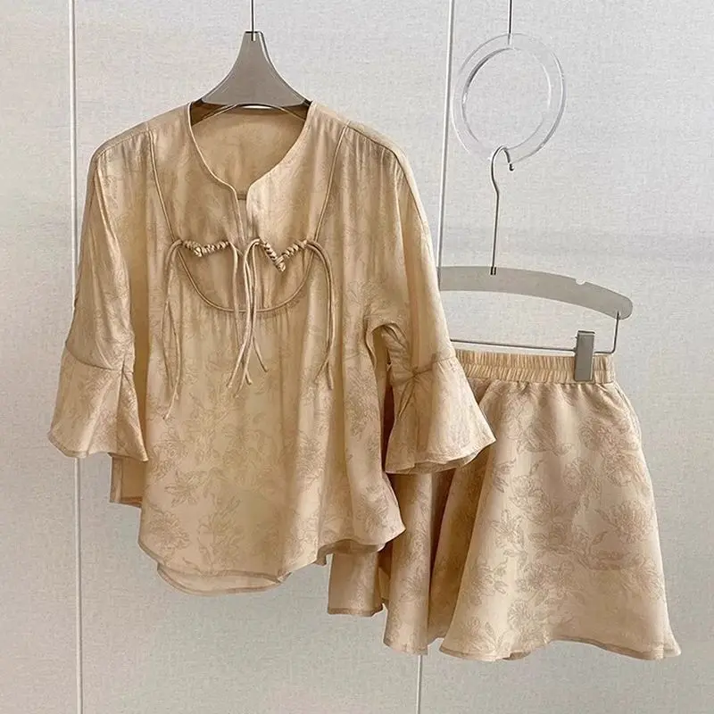 Vintage print Casual Loose Short Pants Sets For Women 2024 Elegant Summer Women's Two Pieces Suit Full Set Female Outfit Clothes