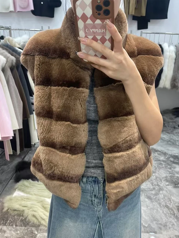 Novo outono inverno quente casaco feminino natural real pele de coelho colete grosso jaqueta de penas de ganso luxo feminino streetwear