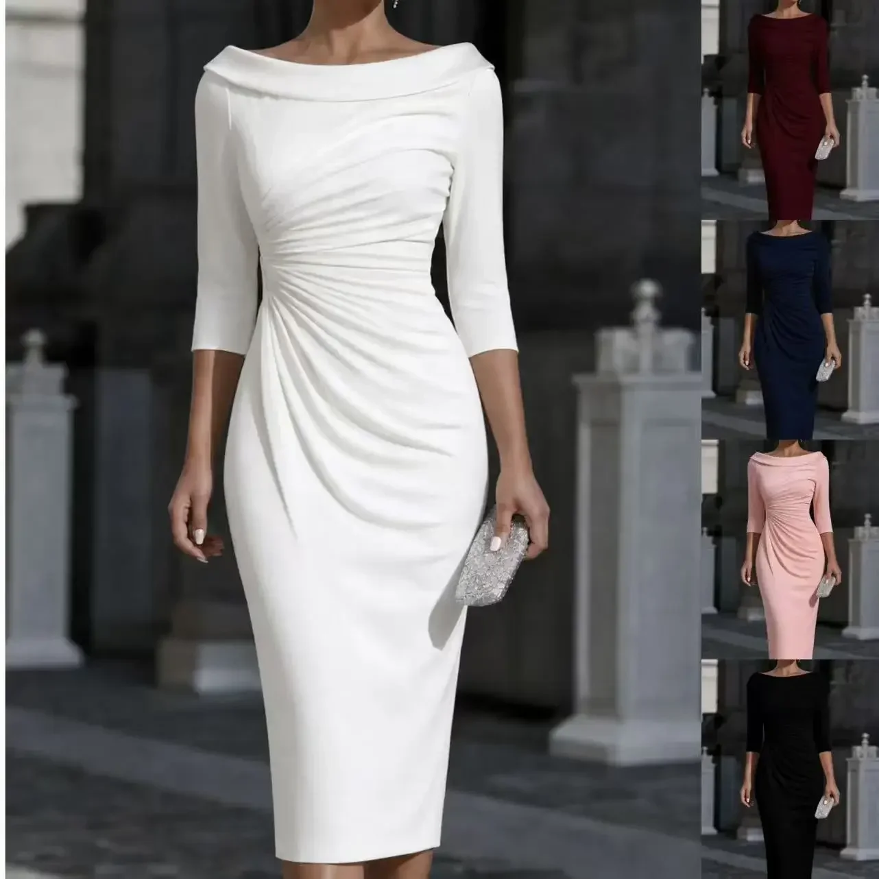 Damen Off-Shoulder Dreiviertelärmel Midi-Bleistiftkleid mit seitlicher Raffung, schmal geschnitten, formelles Outfit für Hochzeitsgäste – Detail 2
