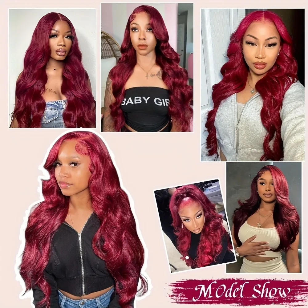 30 بوصة 99j بورجوندي الدانتيل الجبهة الباروكات شعر الإنسان قبل قطعها مع شعر الطفل 200% الكثافة 13X4 الأحمر الجسم موجة خصلات الشعر المستعار الإنسان
