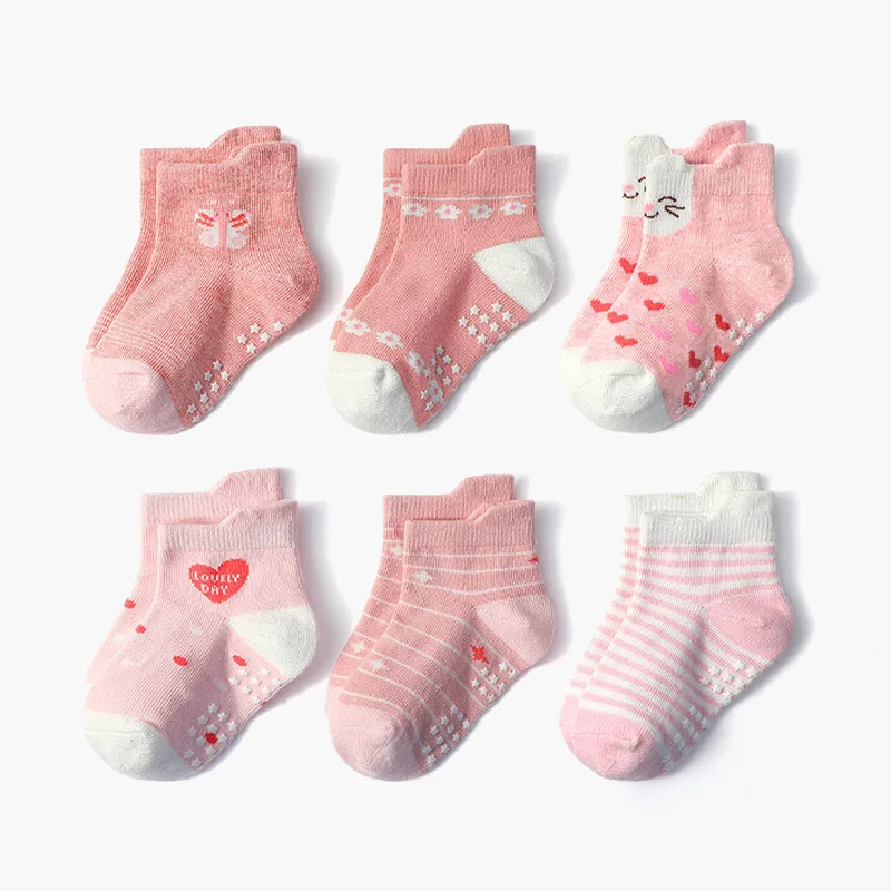 6/12 Paar rutschfeste Socken für Mädchen, niedliches Cartoon-Blumen-Herz-Streifenmuster, Bodensocken für Kinder, Babys, Kleinkinder, für alle Jahreszeiten – Detail 3