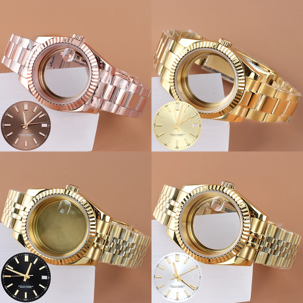 

39mm/36mm Gold/Rose Gold NH35 Watch Case Oyster/Jubilee Watchbands Fit Datejust NH35 NH36 Movement Dial and Hands Blue Luminous