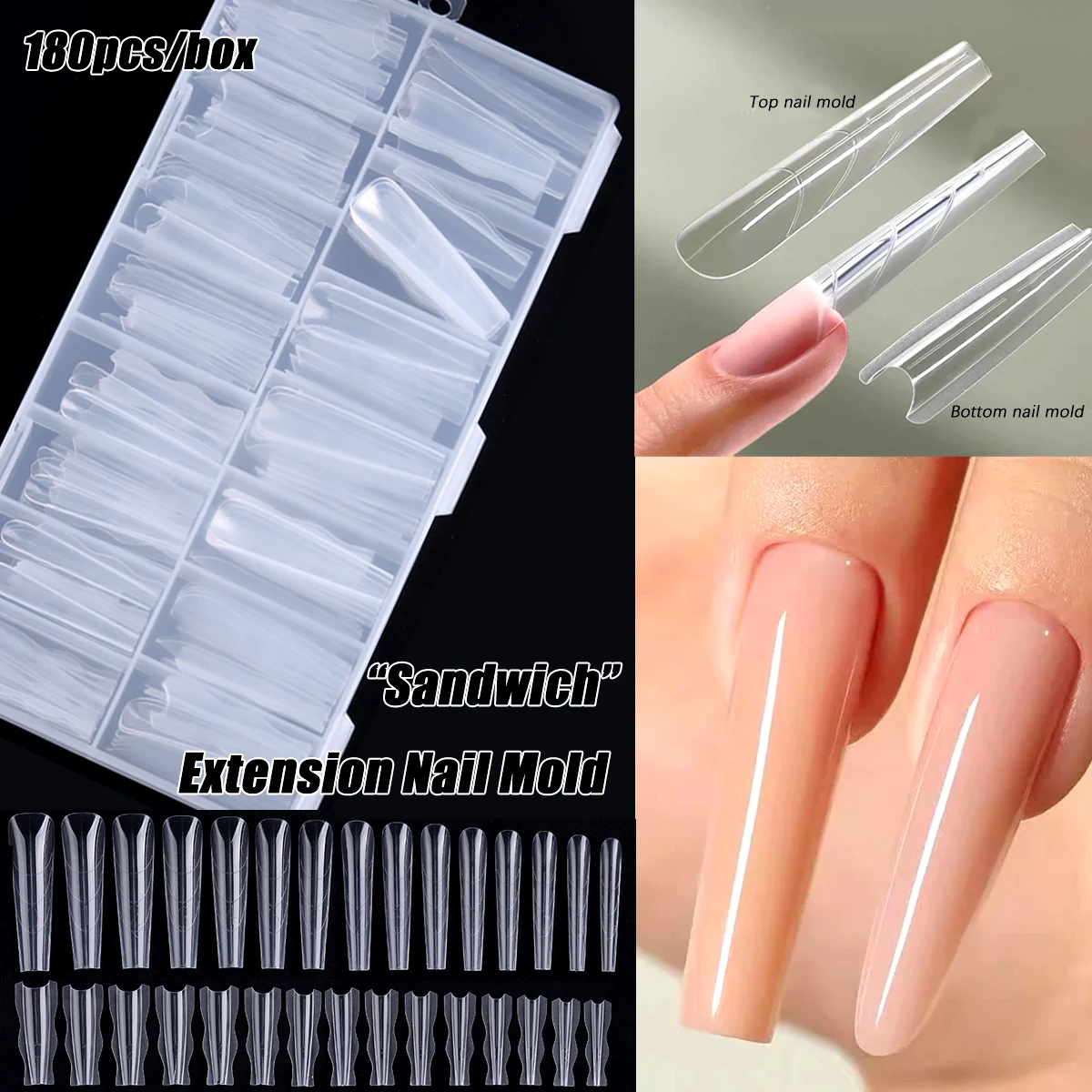 180 Uds nuevo molde de extensión de uñas sándwich capa intermedia formas de uñas duales fácil de dar forma ovalado/café mezclado 15 tamaños herramienta de extensión manicura