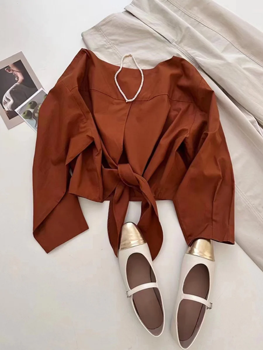 

Sexy design bow lace-up solid color women's shirt Spring autumn caramel color sweet temperament long sleeve top