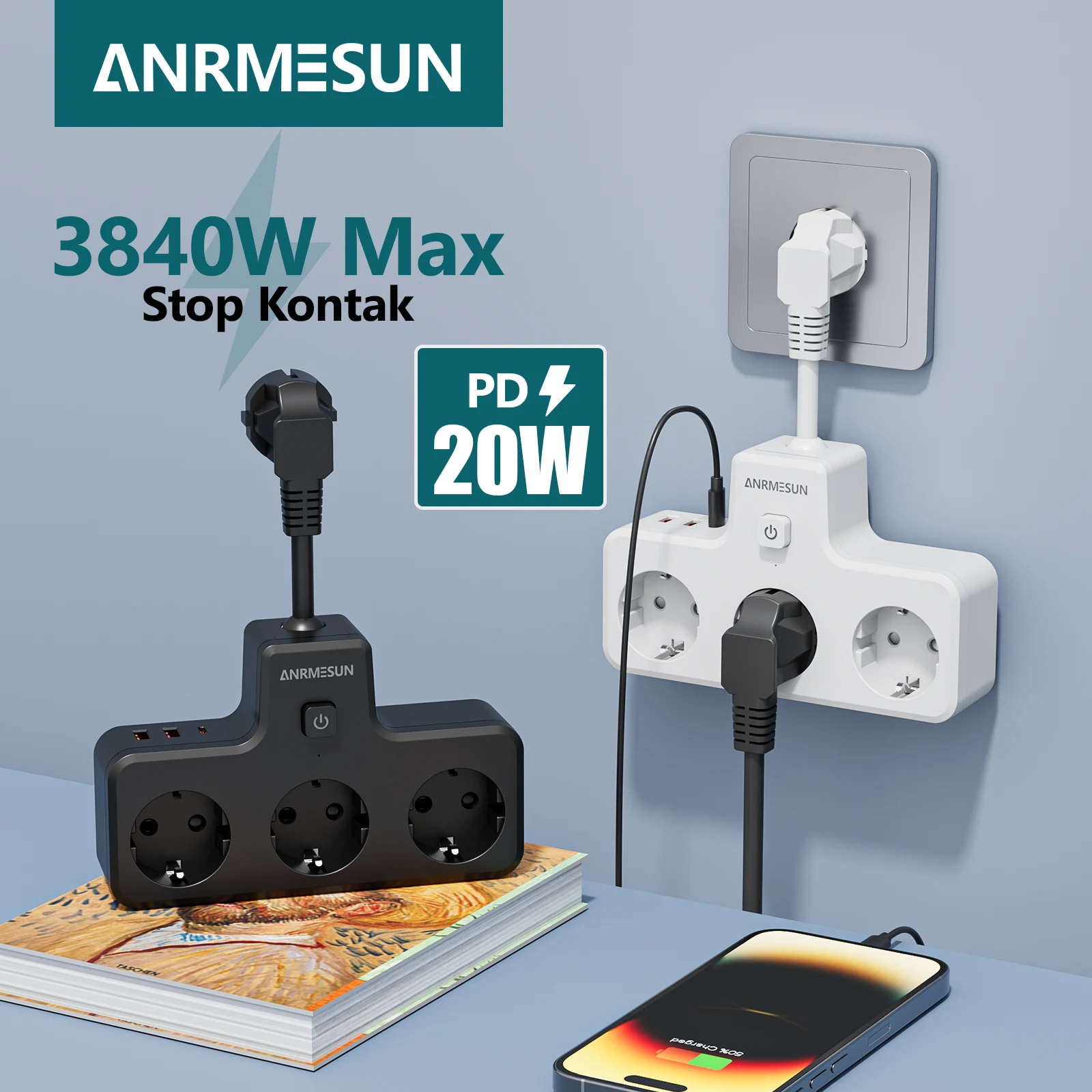 EU Plug Power Strip With 3 Outlets And 2 USB A 1Type C Ports Extension Electrical Socket 0.5M Cable Surge Protector For Travel