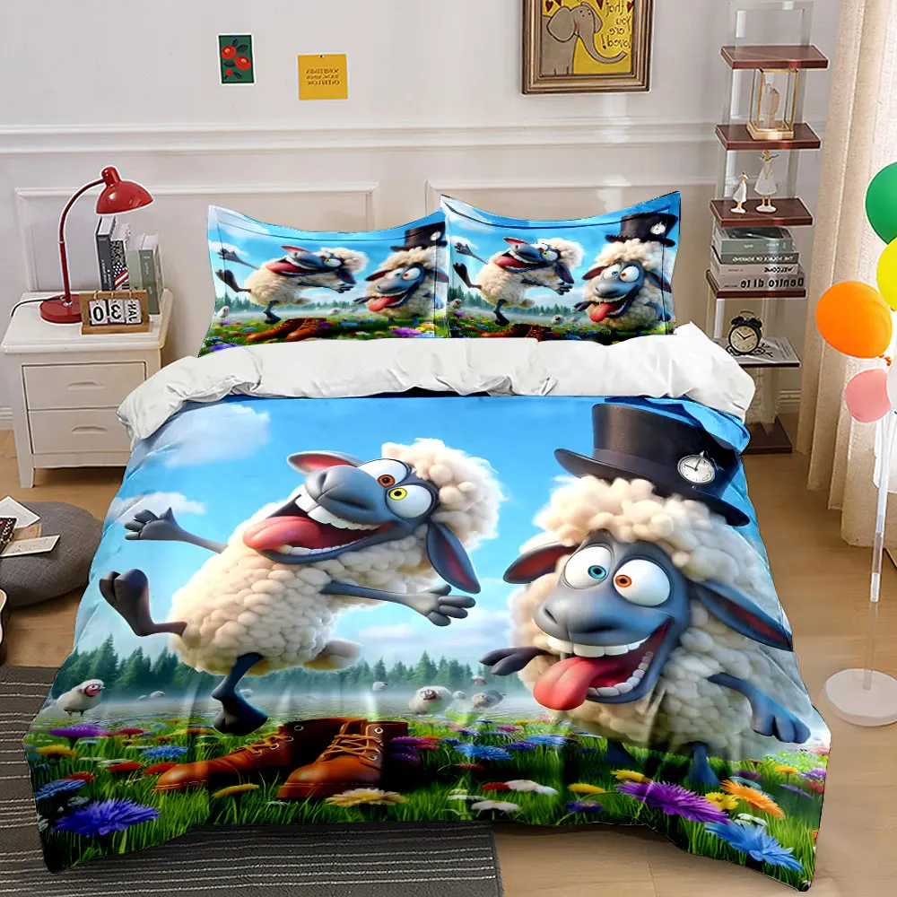 Playful cheerful sheep in meadow Pattern Duvet Cover Set Digital Print Colorful Polyester Bedding with Zipper Closur for gifts
