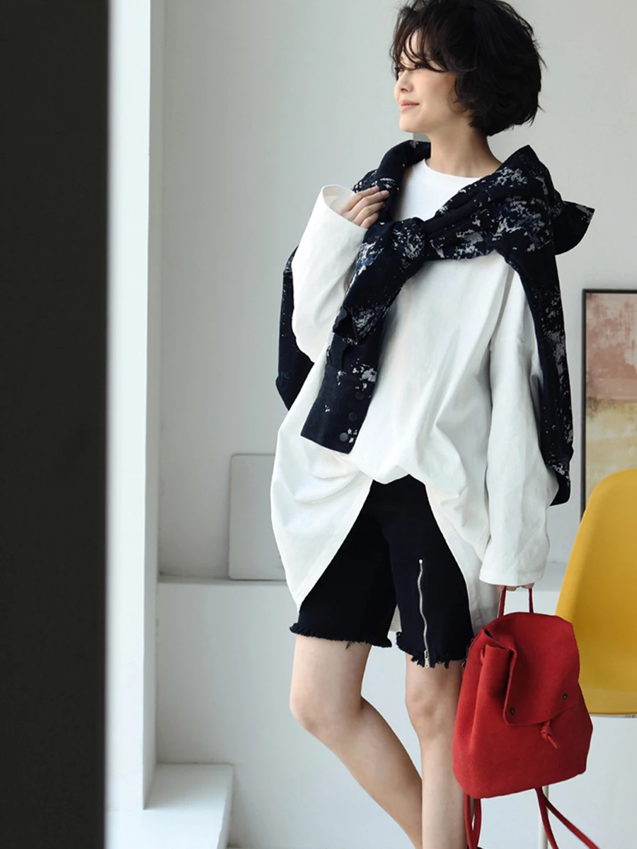 

Круглая футболка Ne Long Sve из чистого хлопка, женская весенне-осенняя свободная посадка, повседневный цветной топ средней длины