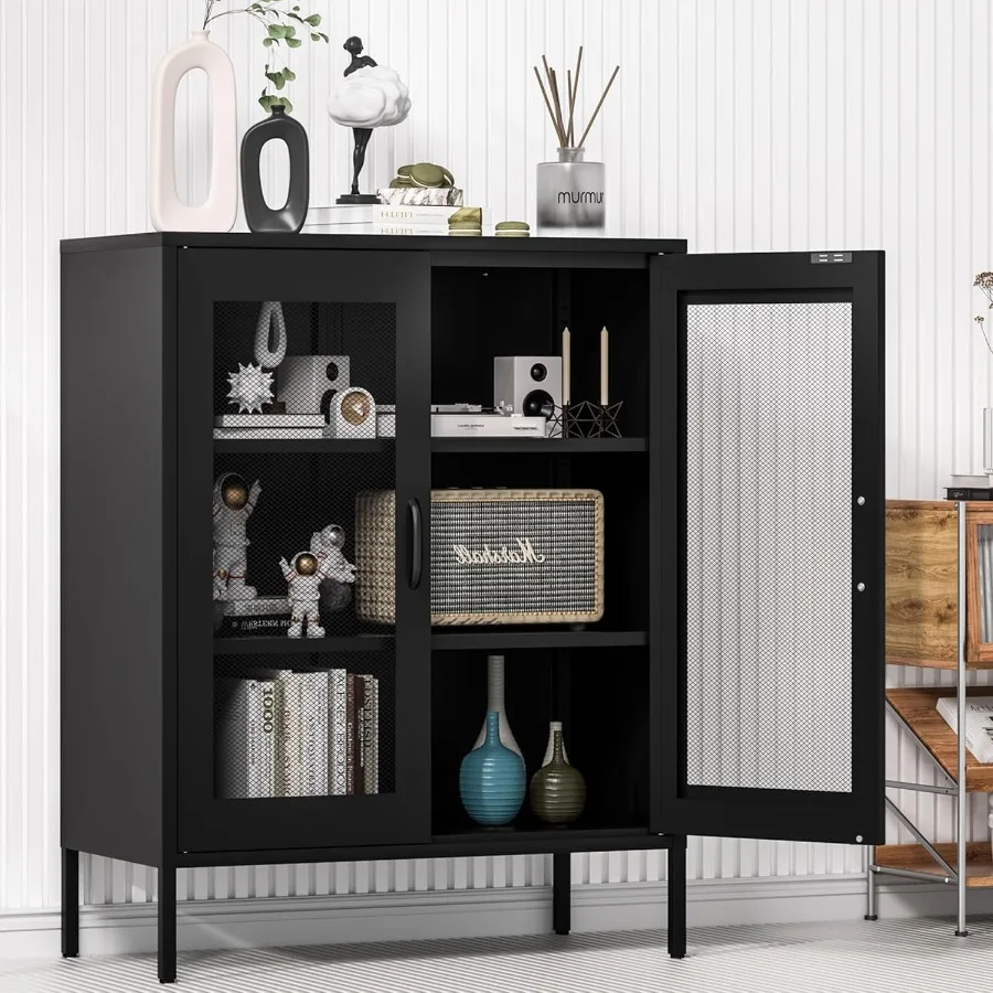 

Black Metal Storage Cabinet with Mesh Doors Small Office Storage Locker with 2 Adjustable Shelves Accent Metal Locker Cabinet f