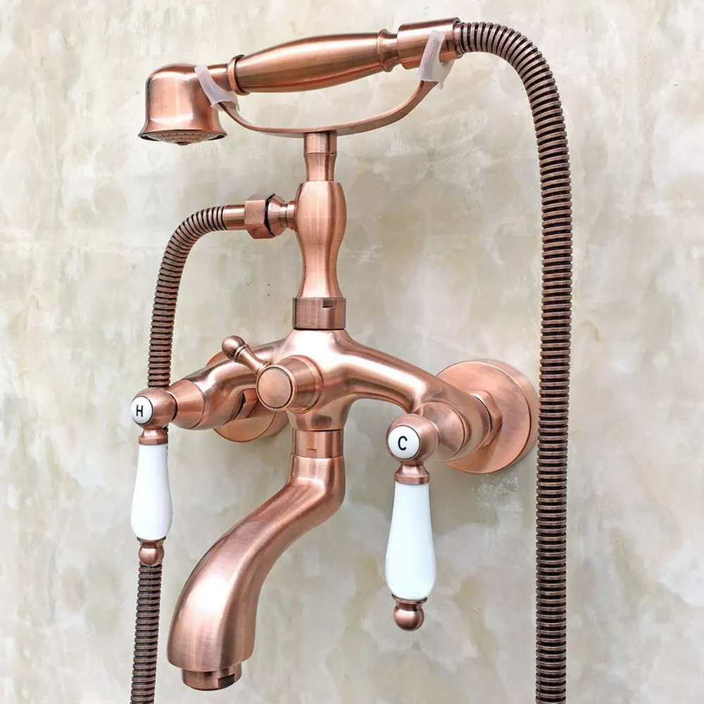 

Antique Red Copper Bathroom Shower Taps Dual Handle Bathtub Faucet Set with Wall Mounted Handheld Shower Ltf805