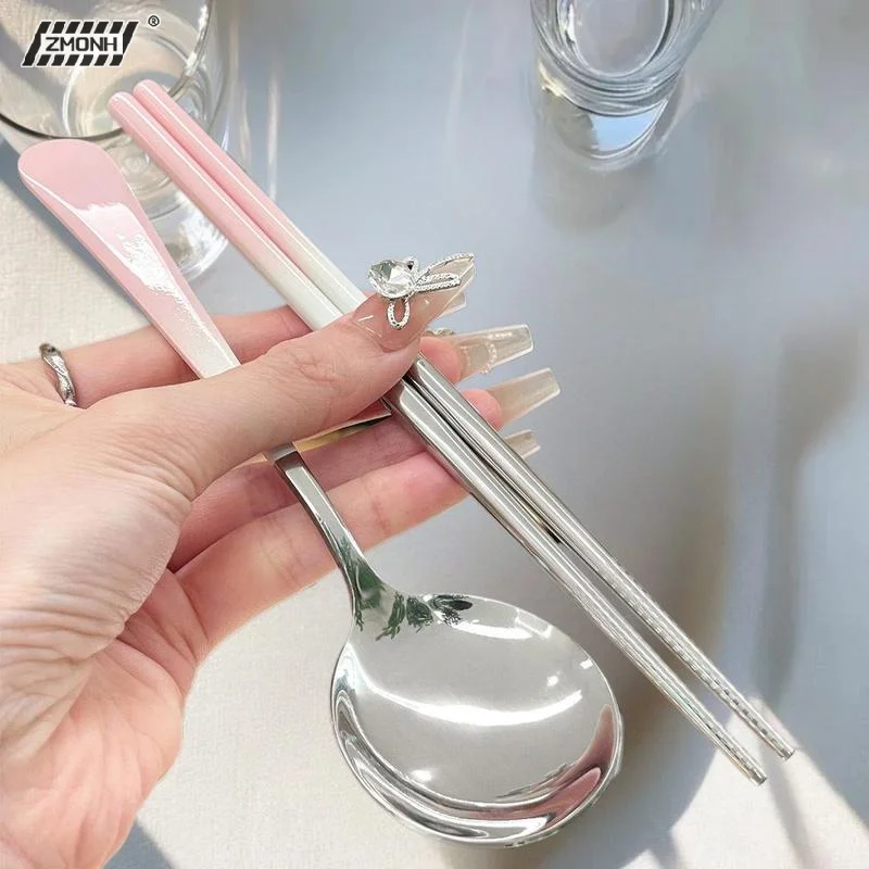 Stainless Steel Portable Cutlery Set Spoon Chopsticks Student Travel Korean Style Portable Cutlery Set With Box Kitchen Supply