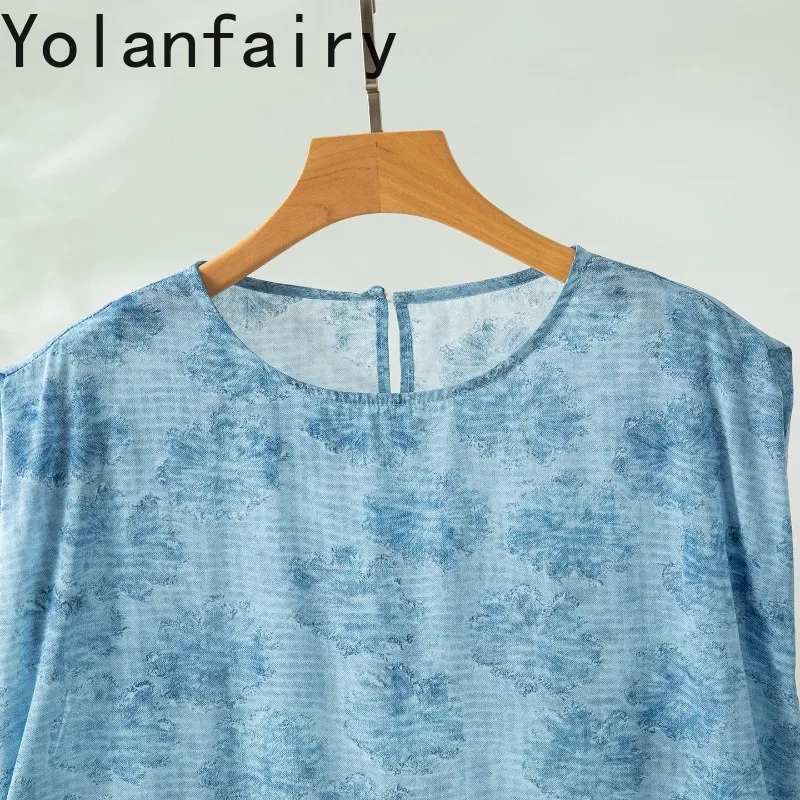 YOLANFAIRY 93% Real Mulberry Silk Tanks Top Woman Summer Fashion Blue Gradient Shirts Female Elegant O-neck Blouse Women Shirt