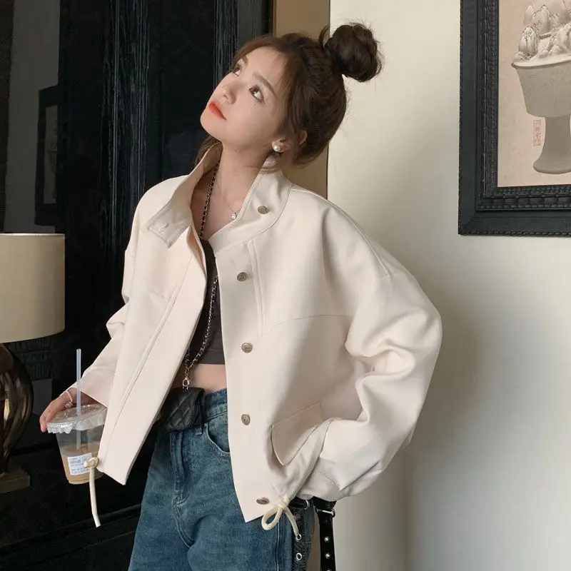 

2024 Autumn New Korean Short Jacket for Women Autumn Stand Collar Beige Loose Casual Jacket Women