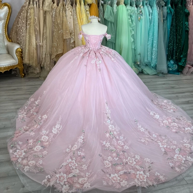 핑크 샤이니 퀸시에라 드레스 오프숄더 아플리케 레이스 비딩 크리스탈 파티 생일 스위트 16 드레스 베스티도스 데 15 아뇨스