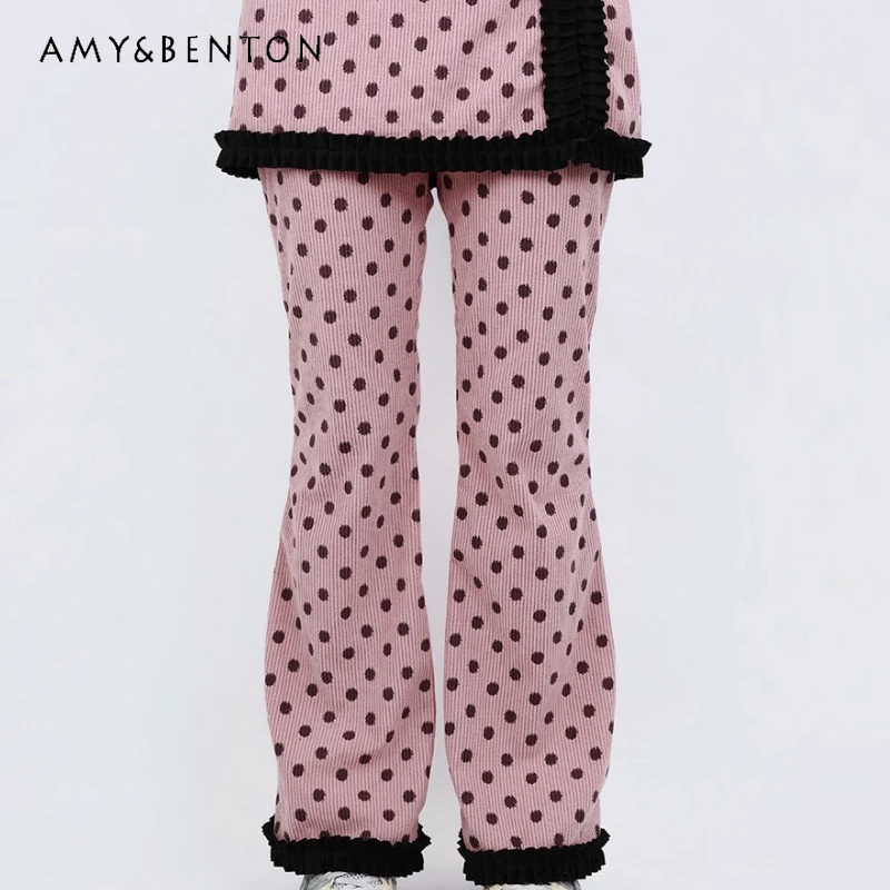 

Autumn Winter New Pink Y2K Cute Polka Dot Fake Two-Piece Women's Curtain Pants Retro Design Black Lace Trim Splicing Pants Girl