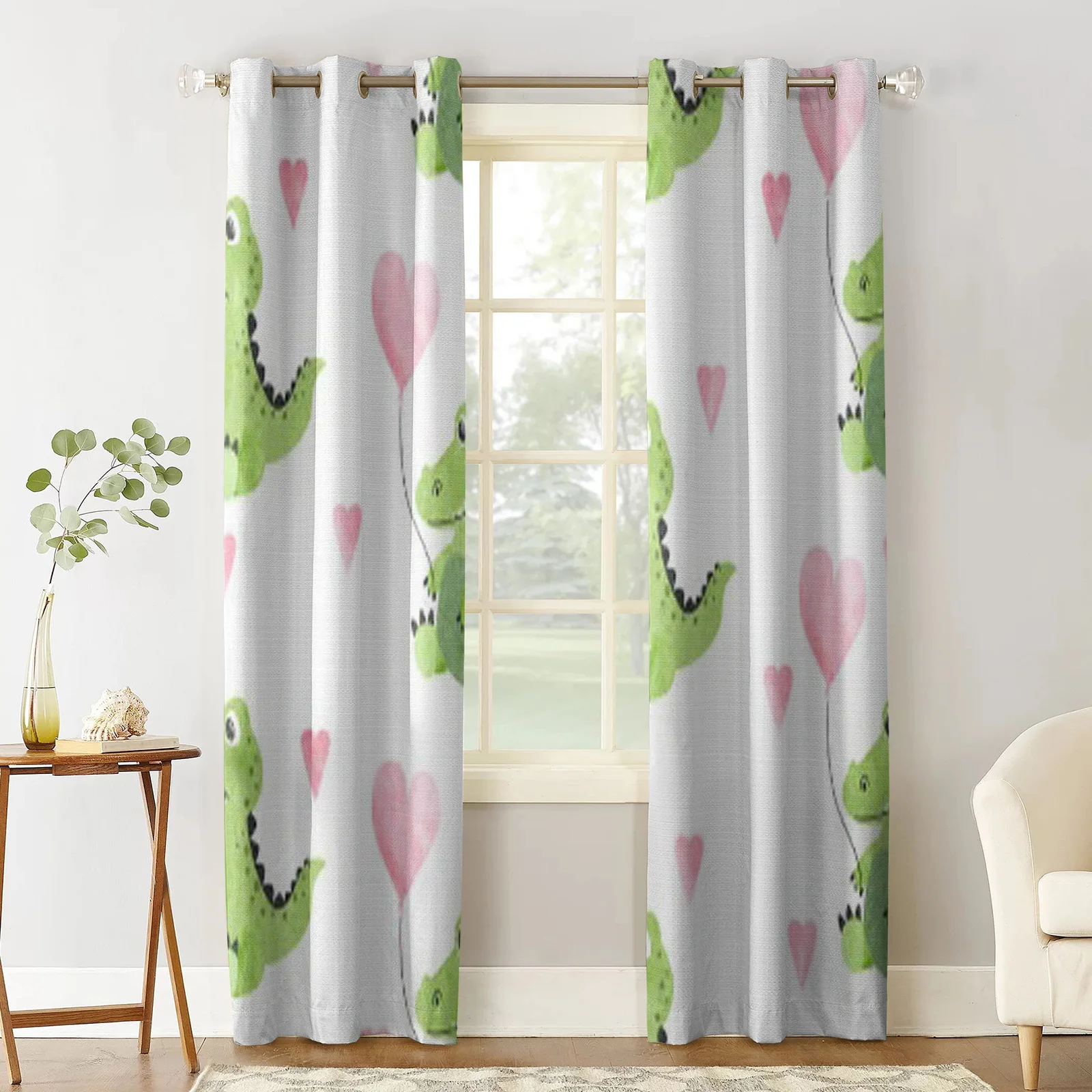 Cute Watercolor Crocodiles And Hearts Window Curtains Home Living Room Kitchen Home Textile Decoration Bedroom Curtains