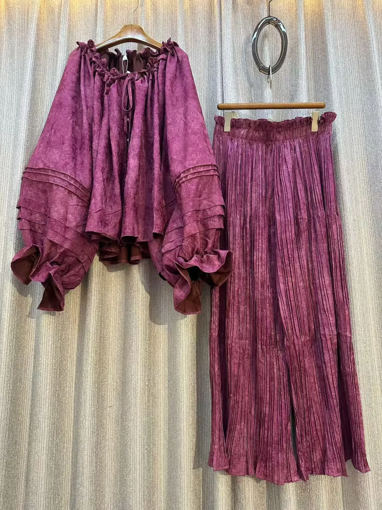 Vintage Ruffled Two Piece Outfit Women Off Shoulder Puff Long Sleeve Blouse Elastic High Waist Pleated Wide Leg Pants Retro Set