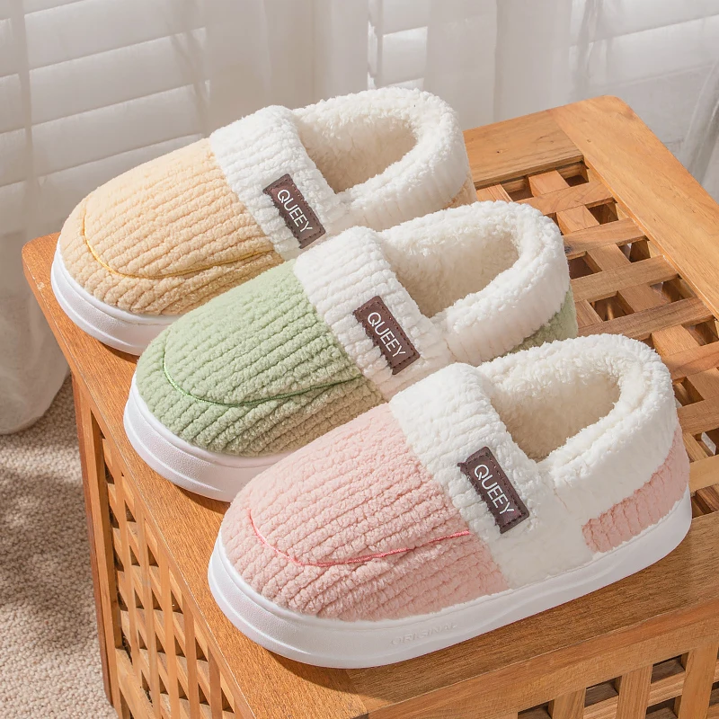 Queey Home Women Winter Warm Fur Slippers Couples House Non Slip Soft Shoes Men Comfort Flat Heel Suitable Indoor and Outdoor