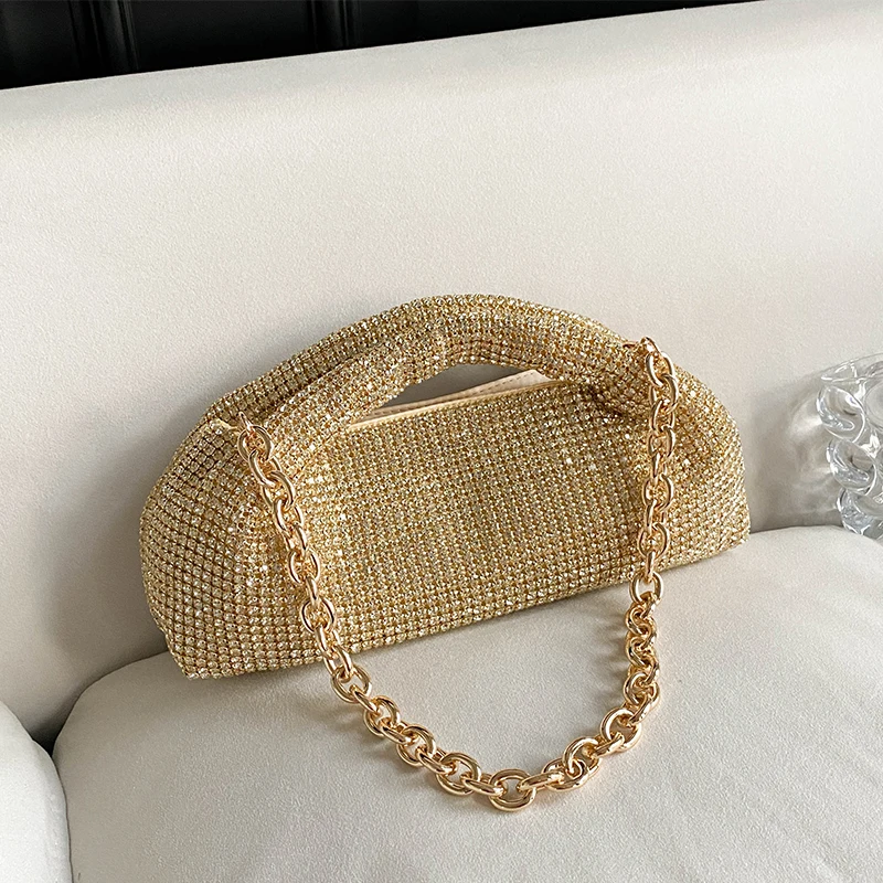 

Rhinestones Evening Clutch Bag Gold Shiny Crystal Dinner Party Wedding Purse and Handbag Luxury Designer Chain Shoulder Bag Hob