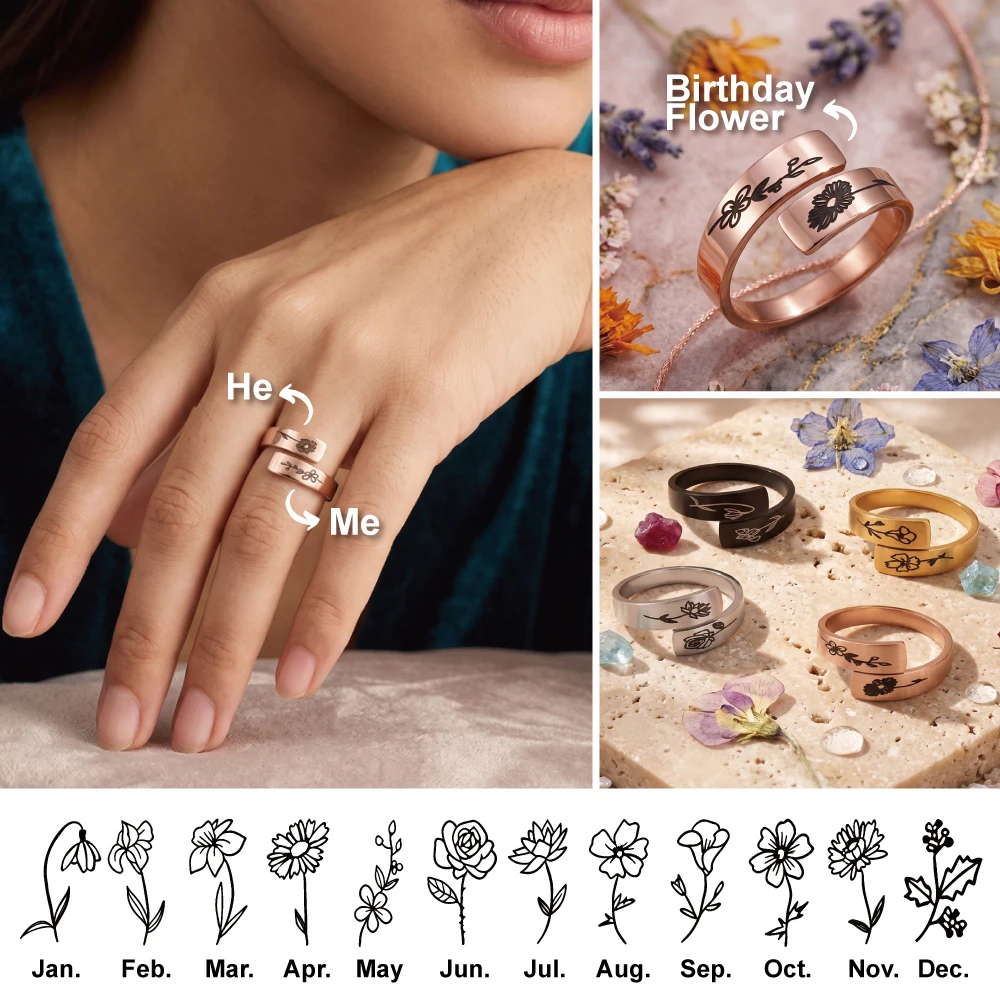 Custom Birthflower Fing Ring Personalized Stacking Rings Stainless Steel Birth Flower Ring  For New Mom Wife Christmas Gift