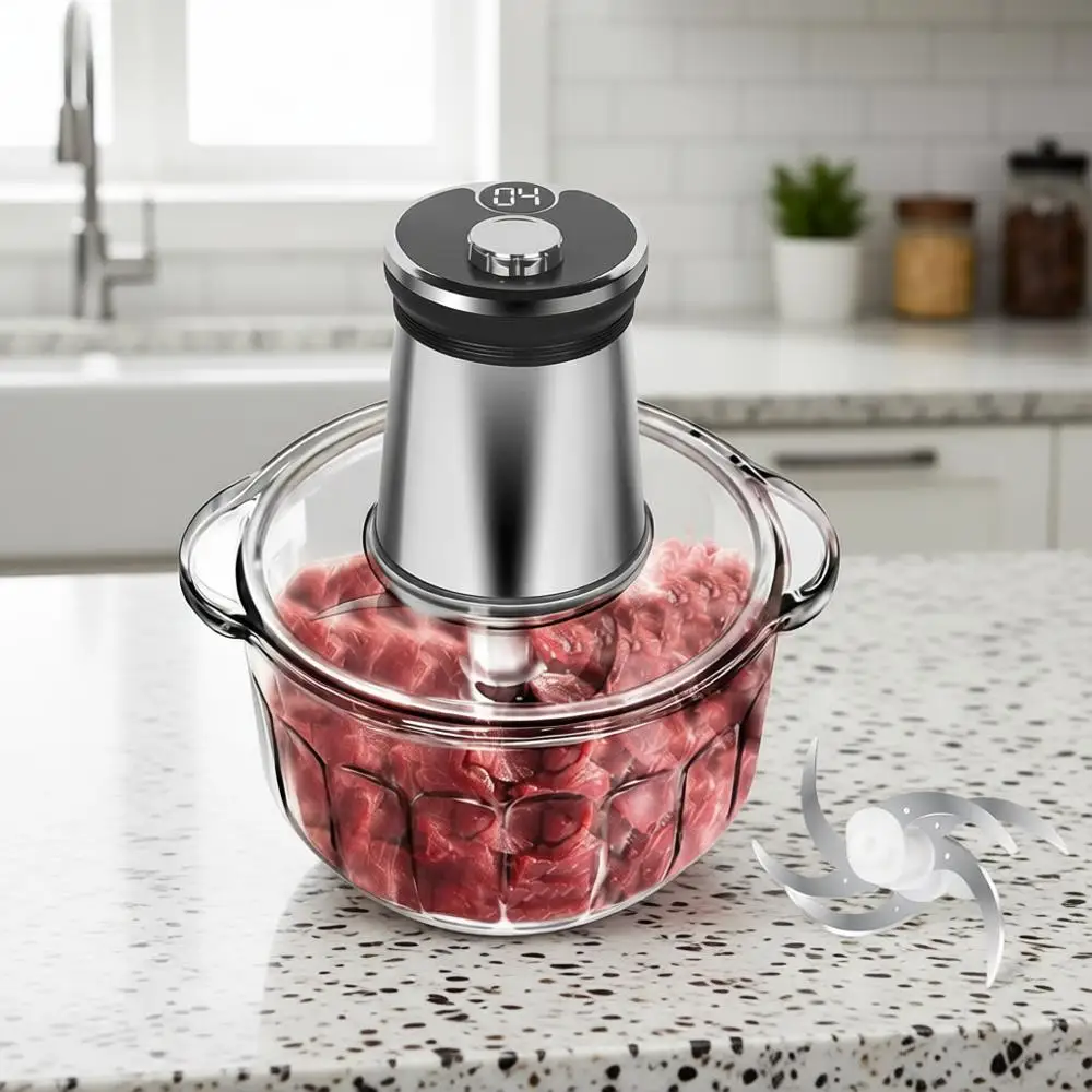 

16 Cup Glass Bowl Electric Food Processor, 850W Power, LED Timer, 3-Tiered 6 Blade System for Chopping and Mincing